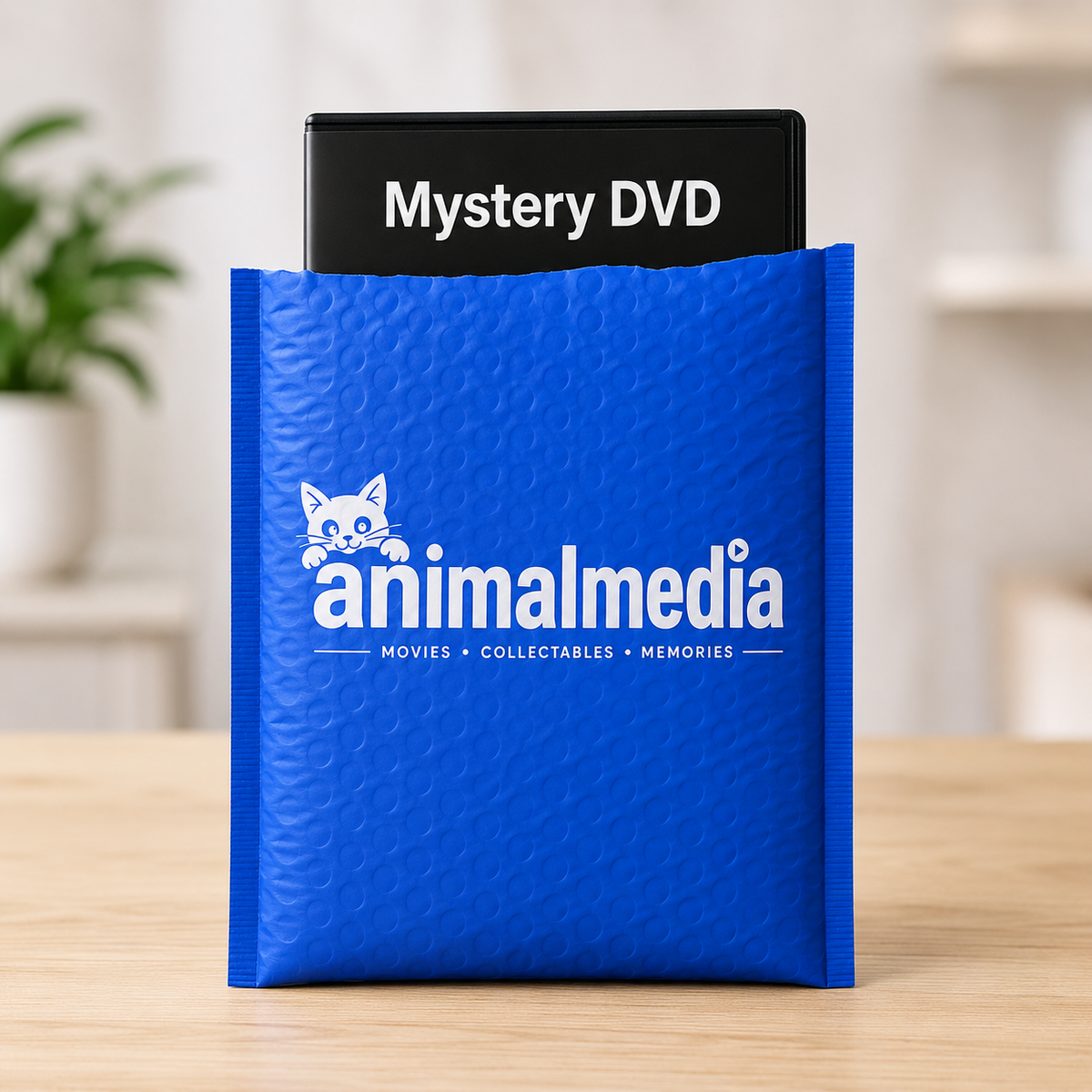 A bright blue bubble mailer envelope standing on a light wood surface, with a black DVD case labeled 'Mystery DVD' partially tucked inside. The envelope has a white 'animalmedia' logo and text on the front.