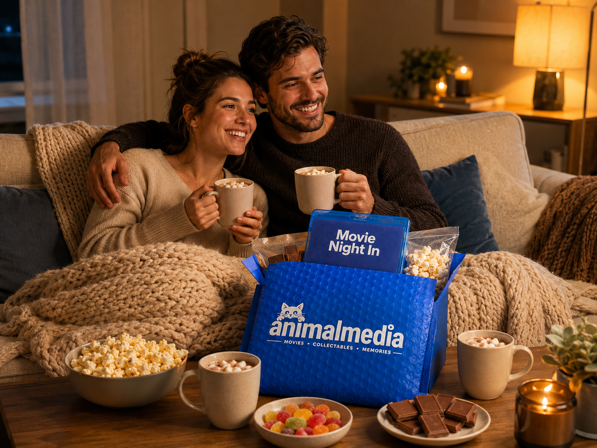 A man and woman relax on a couch in a warmly lit living room, holding mugs while surrounded by popcorn, candy, chocolates, and a large blue Animalmedia 'Movie Night In' gift bag on the table in front of them.