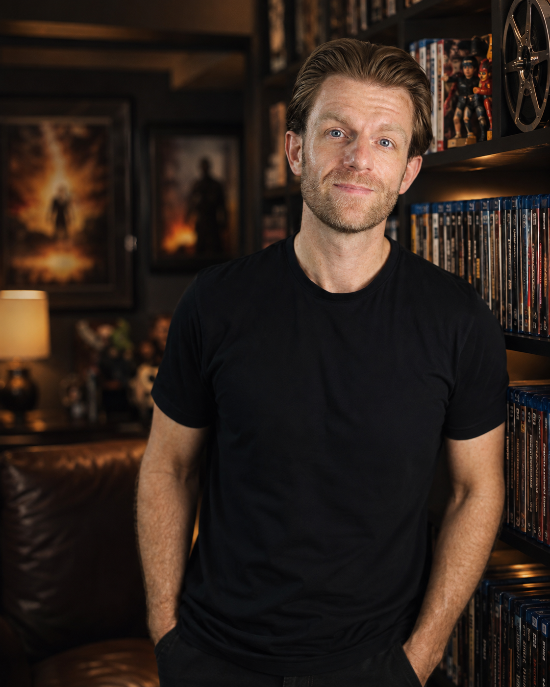 A man with short light brown hair stands in a dimly lit room with bookshelves and framed artwork behind him, wearing a plain black short-sleeve crew-neck t-shirt.