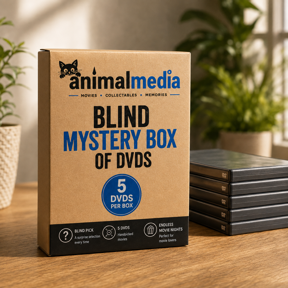 A brown cardboard box labeled 'animalmedia BLIND MYSTERY BOX OF DVDS' stands on a wooden table, with several black DVD cases stacked behind it and blurred green plants in the background.