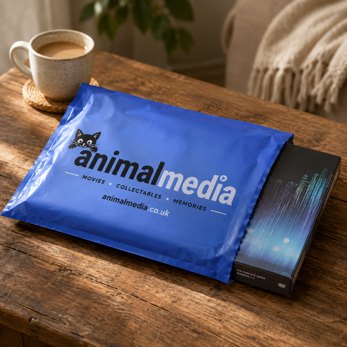 A blue Animalmedia branded mailer envelope and a dark collectible box rest on a rustic wooden table, with a coffee cup and home interior softly blurred in the background.