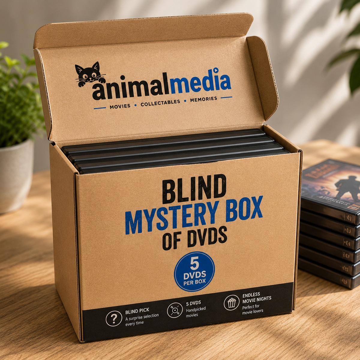 An open cardboard mystery box labeled 'animalmedia' and 'BLIND MYSTERY BOX OF DVDS' sits on a wooden table, with several black DVDs visible inside and a stack of similar boxes beside it.