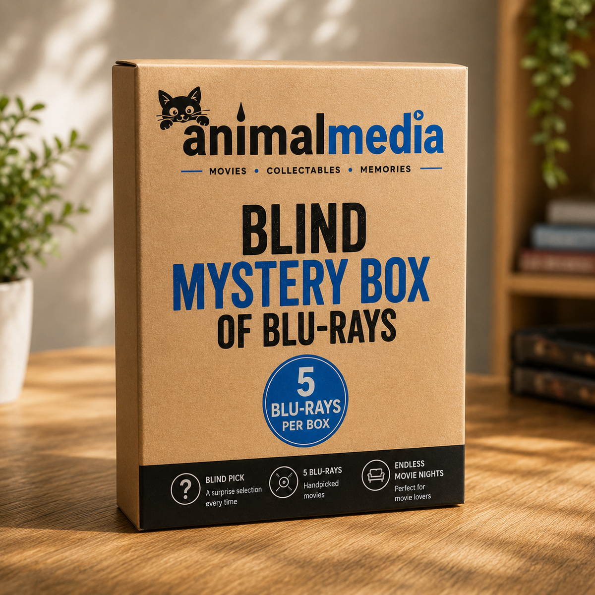 A brown cardboard box labeled 'animalmedia BLIND MYSTERY BOX OF BLU-RAYS' sits on a wooden table in a softly lit indoor setting with plants and books blurred in the background.