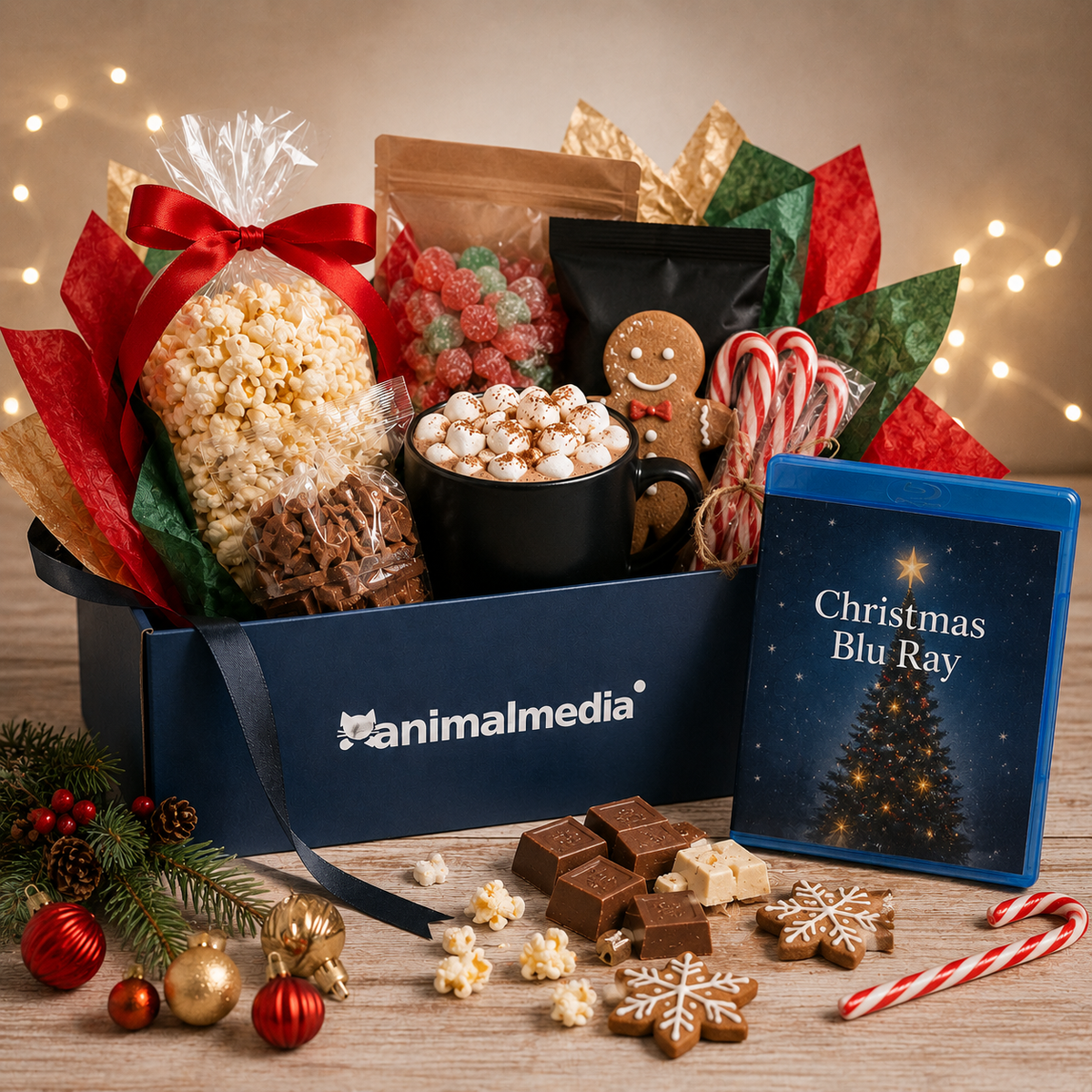 A Christmas-themed gift box set from animalmedia, featuring a navy blue box filled with popcorn, candy canes, marshmallows, gingerbread cookies, and a 'Christmas Blu Ray' box, arranged on a wooden surface with festive decorations and warm string lights in the background.