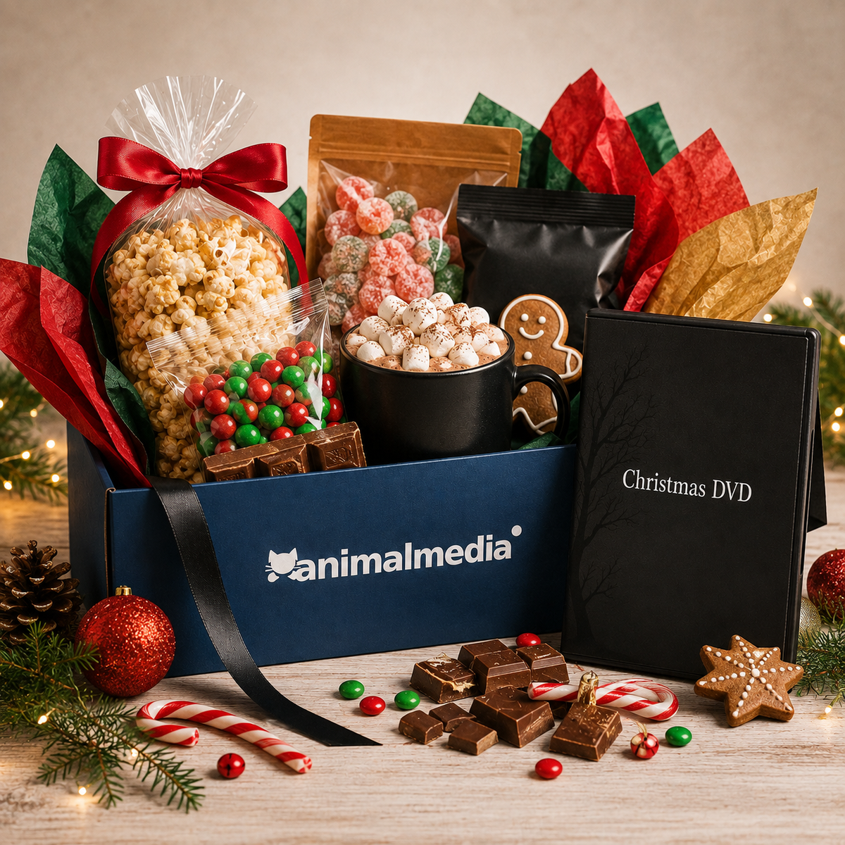 A Christmas-themed gift basket from Animalmedia on a wooden surface, filled with popcorn, candy, gingerbread cookies, and a black DVD case labeled 'Christmas DVD'. The basket is decorated with red and green tissue paper and a black ribbon, surrounded by holiday decorations like pine branches, candy canes, and a red ornament.