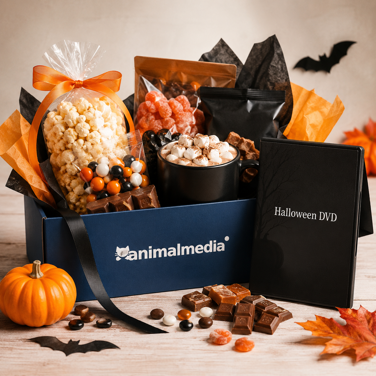A Halloween-themed gift basket from Animal Media, filled with a bag of popcorn, candy, a mug of hot chocolate, a black DVD case labeled 'Halloween DVD', and surrounded by a small pumpkin, chocolate pieces, orange leaves, and bat cutouts on a wooden surface.