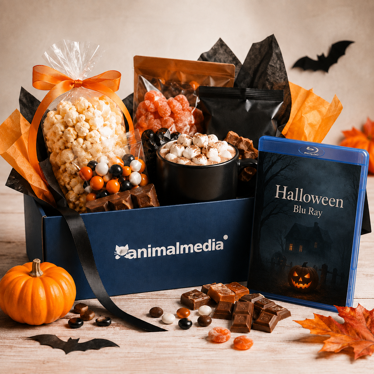 A Halloween-themed gift basket from Animal Media, filled with a large bag of popcorn, marshmallow treats, chocolate pieces, and a Blu-ray of the movie 'Halloween'. The basket is decorated with orange tissue paper and a black ribbon, set on a wooden surface with a small pumpkin and autumn leaves.