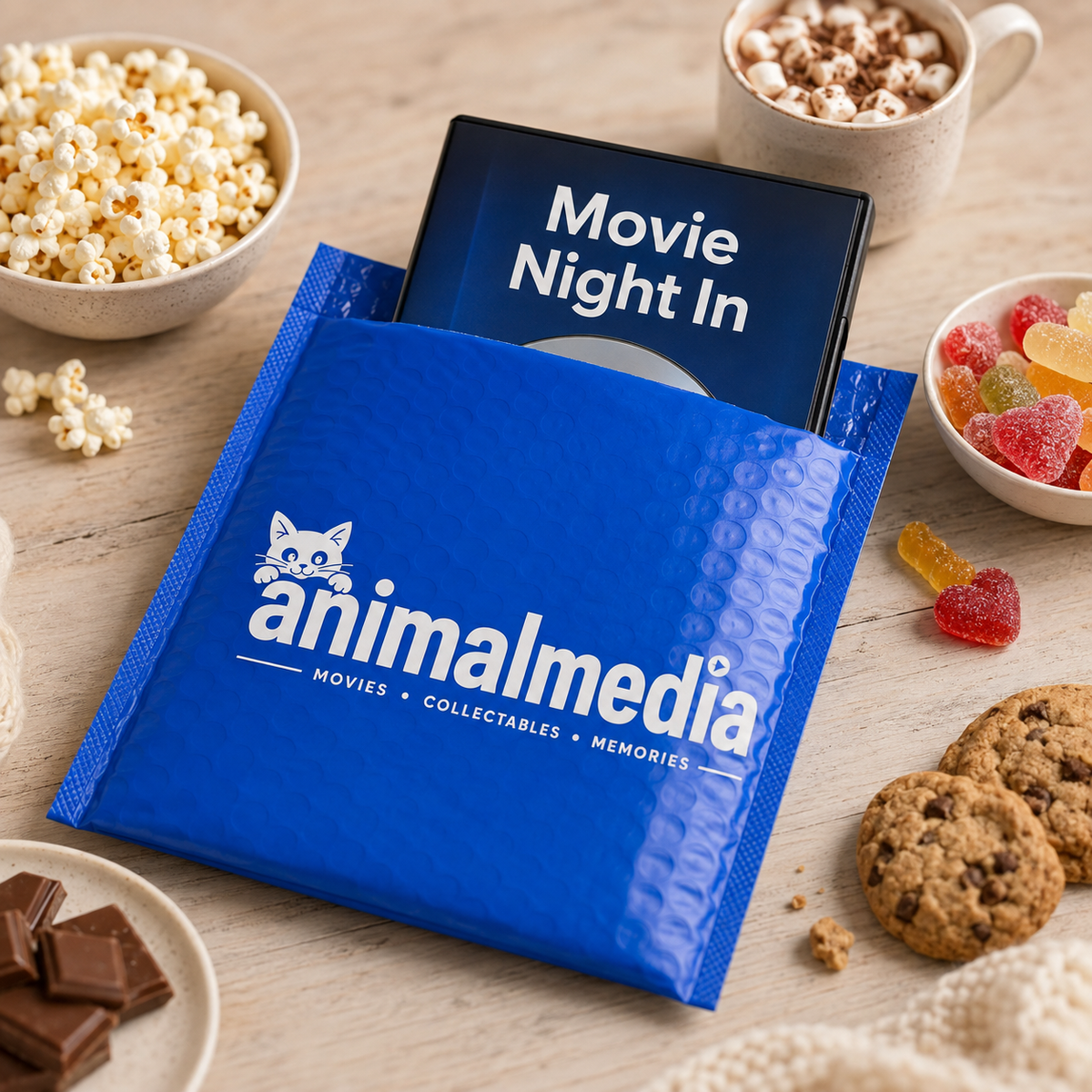 A blue Animalmedia gift bag filled with a black box labeled 'Movie Night In,' styled on a wooden table with popcorn, gummy candies, cookies, and chocolate pieces around it.