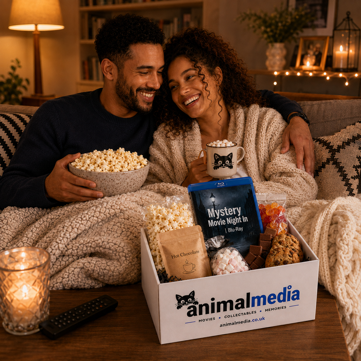 A man and woman sitting together on a couch under a cozy blanket, holding popcorn and a mug in a warmly lit living room. In front of them is an Animalmedia gift box filled with snacks, chocolates, marshmallows, and a Blu-ray.