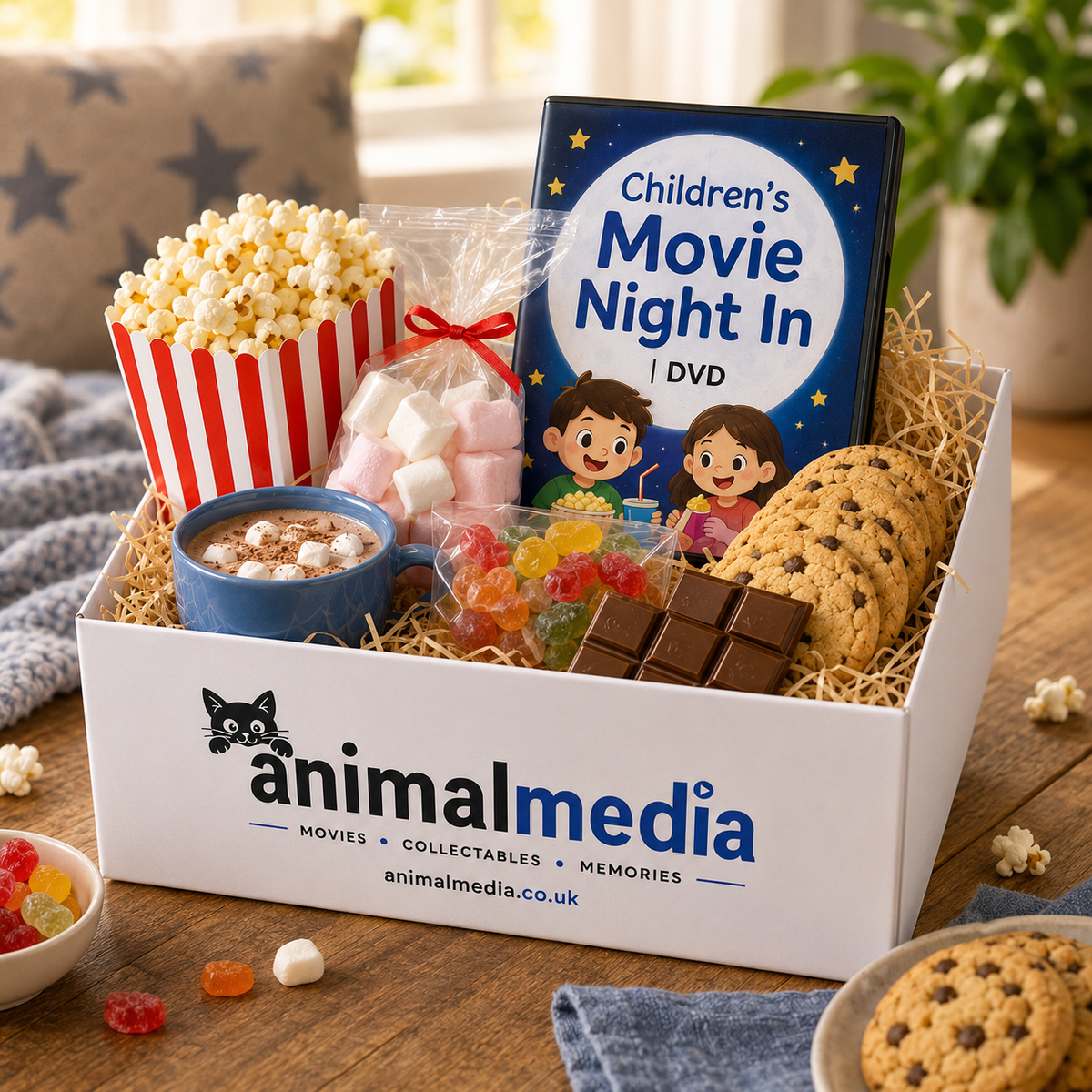 A curated gift box set from Animal Media titled 'Children's Movie Night In' DVD, filled with snacks including popcorn, marshmallows, gummy candies, chocolate bars, and cookies, arranged in a white branded box on a wooden table.