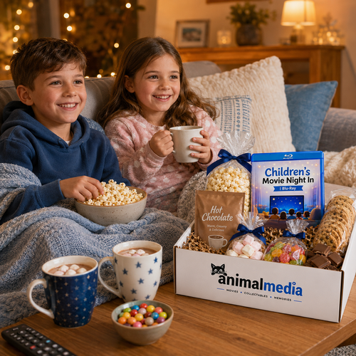 A cozy living room scene with two children sitting on a couch under a blanket, holding mugs while a gift box on the table in front contains popcorn, hot chocolate, cookies, candy, and a blue box labeled Children's Movie Night. The white Animal Media box is open and branded on the front.