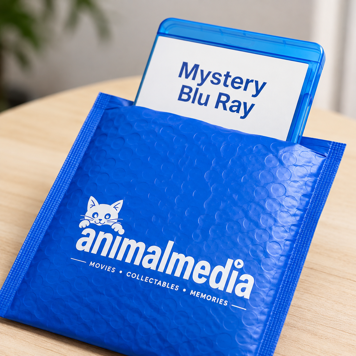 A blue bubble mailer envelope with the Animalmedia logo sits on a light wood surface, with a translucent blue Blu-ray case partially inserted and a white insert card reading 'Mystery Blu Ray'.