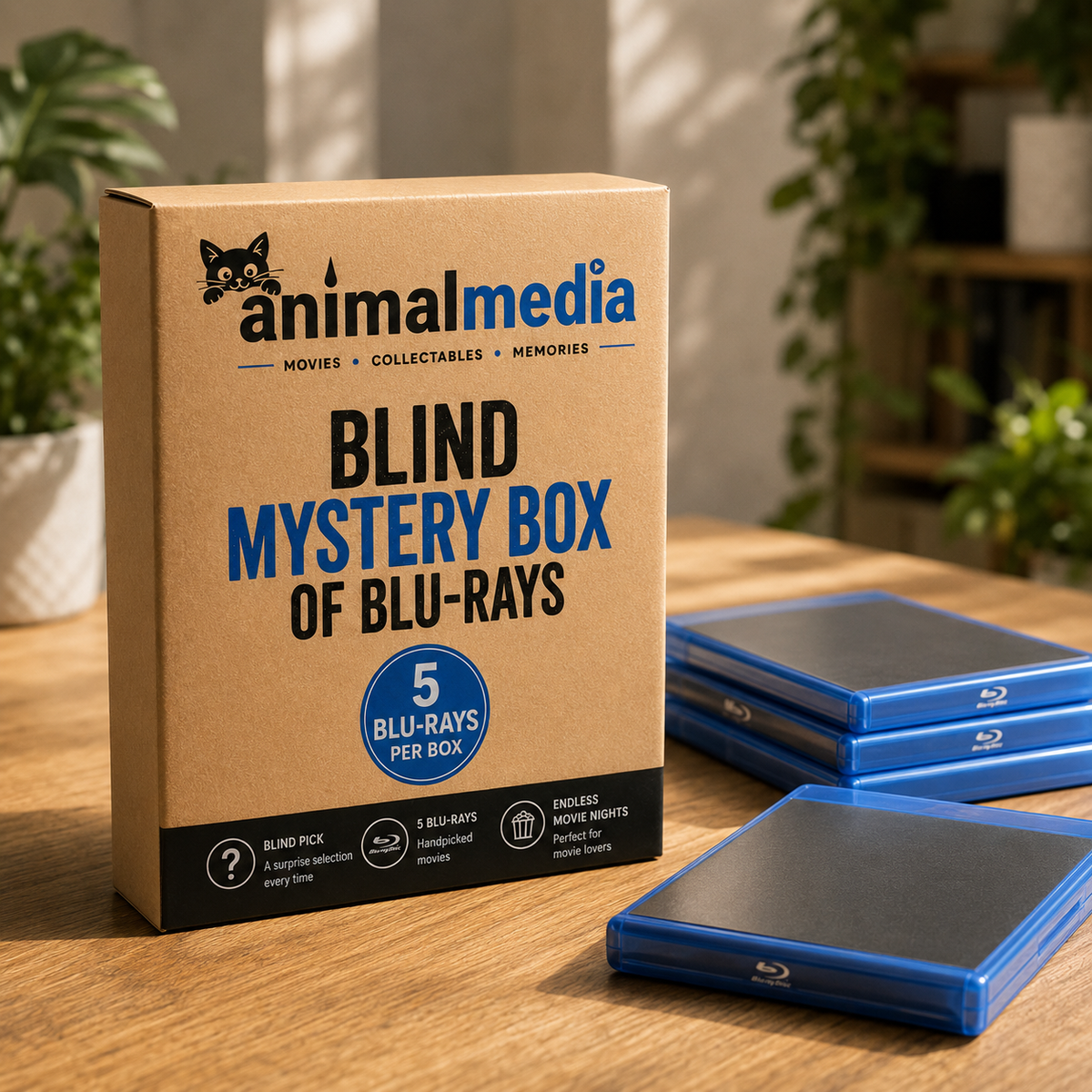 A brown cardboard box labeled Animalmedia Blind Mystery Box of Blu-Rays stands on a wooden table, with several blue Blu-ray cases placed in front and stacked behind it. The scene is indoors with blurred plants and shelves in the background.