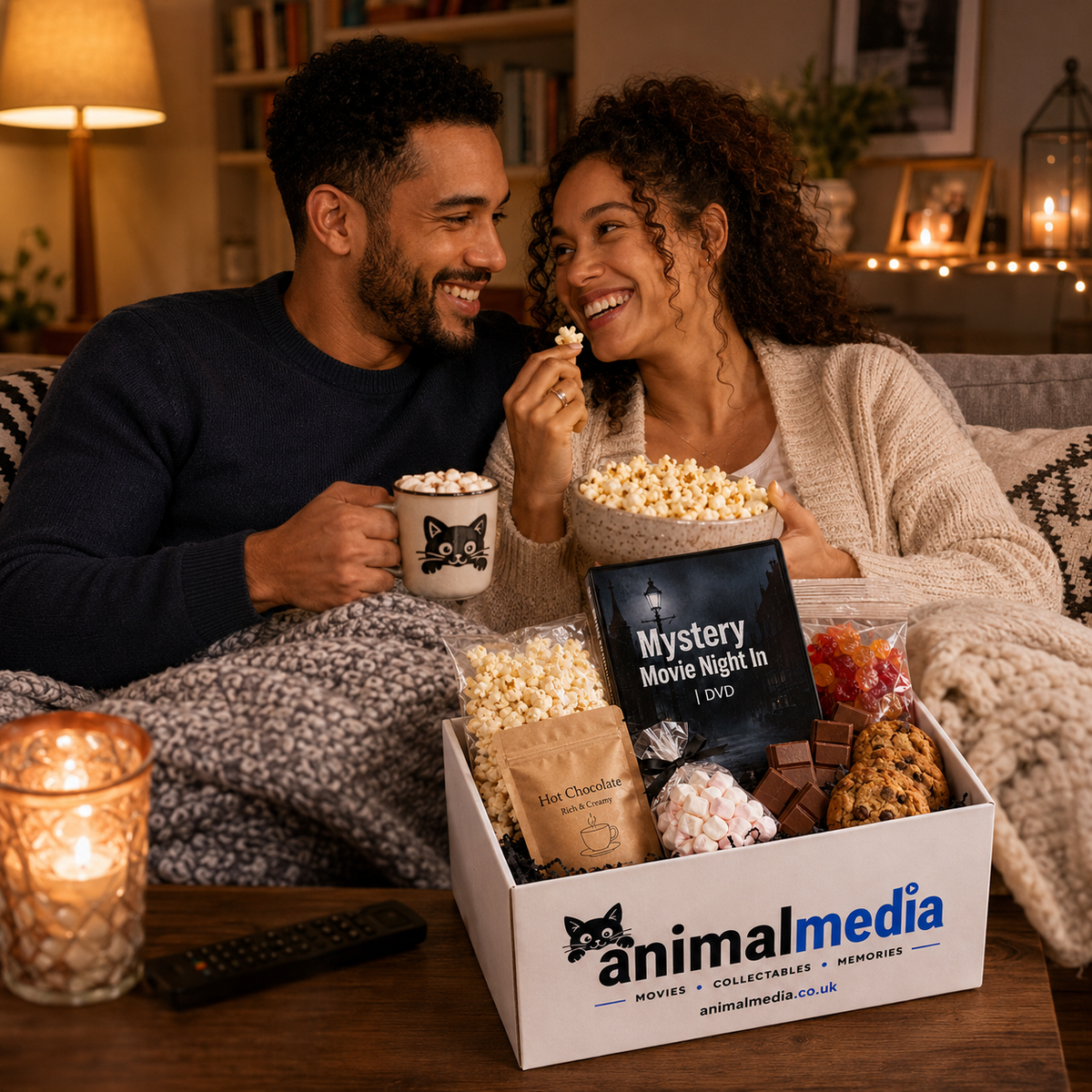 A man and woman relax on a couch wrapped in a blanket, sharing popcorn and mugs in a cozy living room. In front of them is an open white box labeled Animal Media that contains popcorn bags, chocolates, pretzels, marshmallows, and a card reading 'Mystery Movie Night In DVD'.