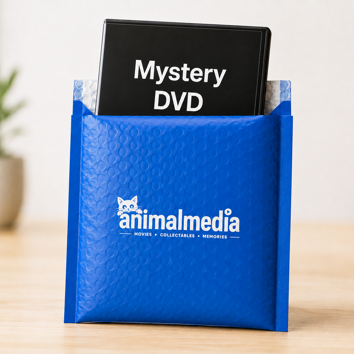 A blue bubble mailer envelope with the white 'animalmedia' logo on the front, holding a black DVD case that reads 'Mystery DVD' in white text, set on a light wood surface against a soft beige background.