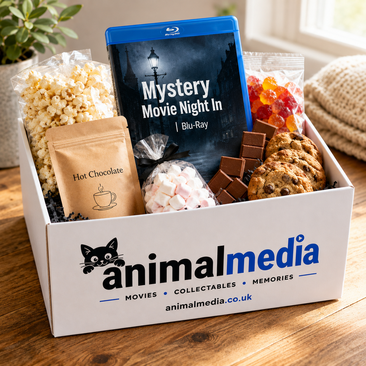 An Animal Media branded gift box filled with movie night treats, including a Blu-ray titled 'Mystery Night In', popcorn, hot chocolate, gummy candies, chocolate bars, and a chocolate chip cookie, set on a wooden table.