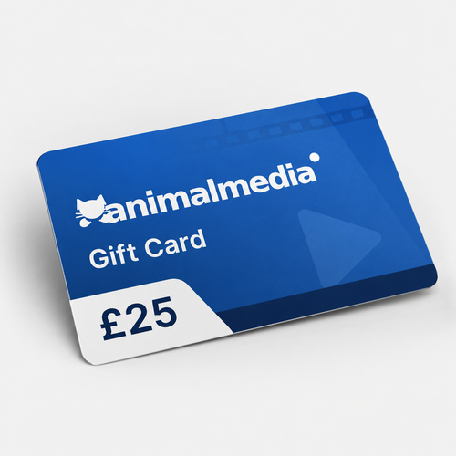 A blue and white Animalmedia £25 gift card shown at an angle on a light gray background.