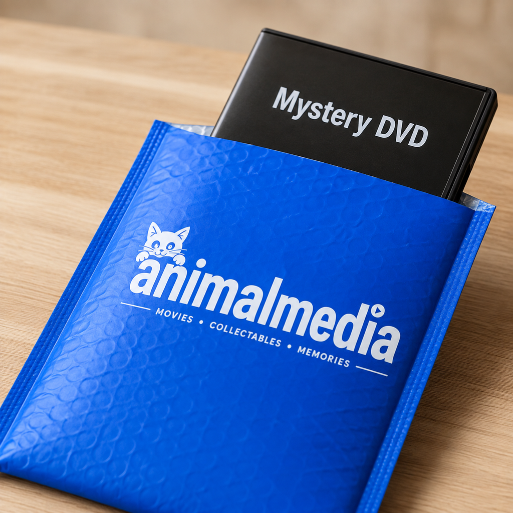 A blue textured Animalmedia-branded pouch or sleeve with a black DVD case partially inserted, photographed on a light wood surface.
