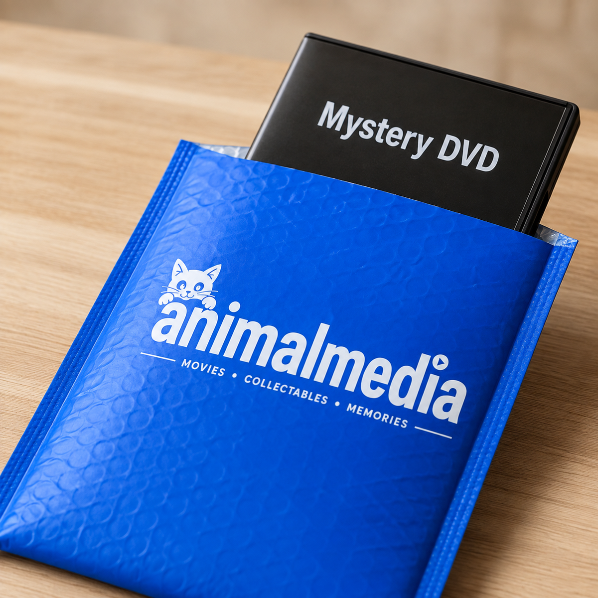 A blue textured Animalmedia-branded pouch or sleeve with a black DVD case partially inserted, photographed on a light wood surface.