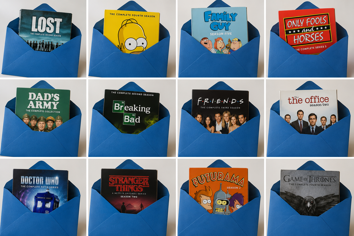Twelve blue envelope-style holders arranged in a 3-by-4 grid, each holding a different book or DVD case featuring popular pop culture and cartoon titles such as Lost, Family Guy, Friends, The Office, Doctor Who, Stranger Things, Futurama, and Game of Thrones.