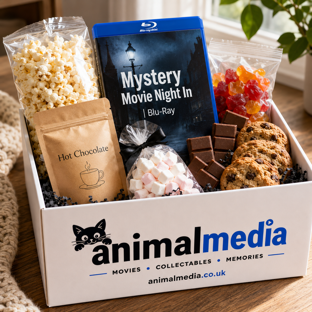 A curated gift box from Animal Media featuring a mystery movie night set, including a Blu-ray, hot chocolate, popcorn, gummy candies, cookies, and marshmallows, presented in a white box with the brand logo.